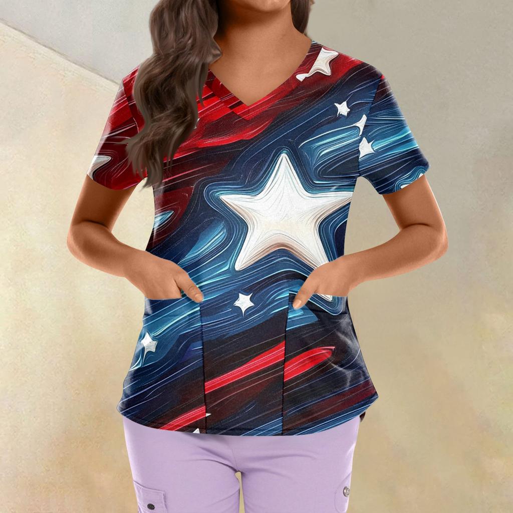 Plus Size Printed Scrub Working Uniform Tops For Women's Cross V Neck Independence Day Print Short Sleeve Fun T-Shirts Workwear Tee With Pockets