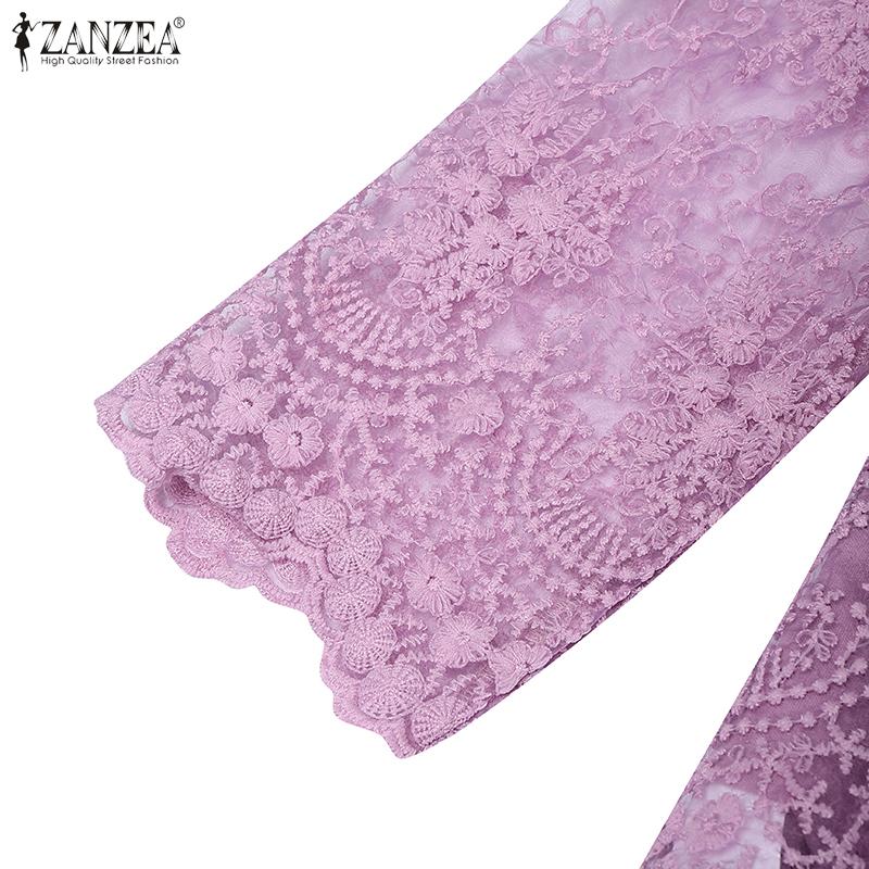 ZANZEA Damen 3/4-Ärmel Casual Durchsichtige Spitze Patchwork Bluse