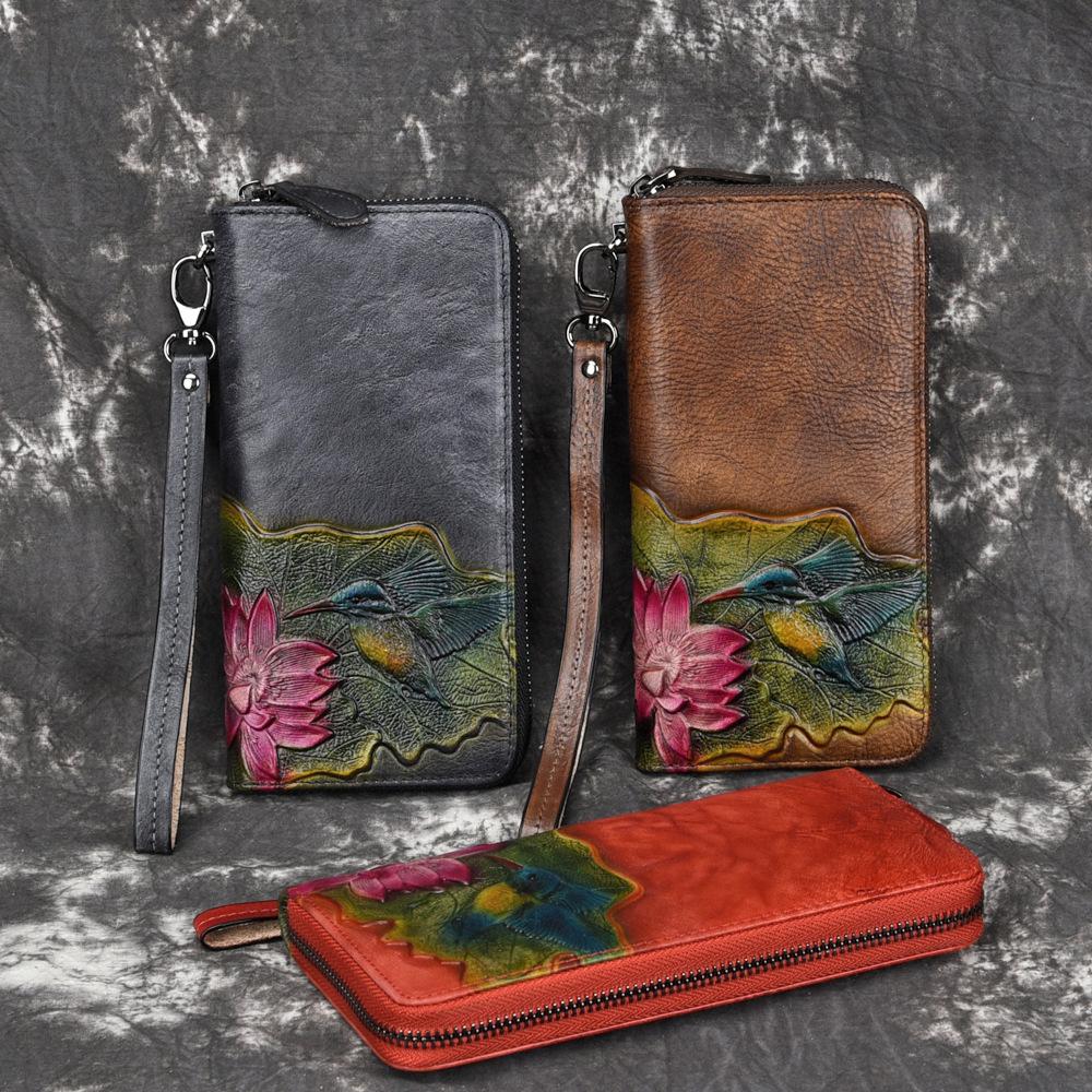 New Tree Cream Leather Wallet, Women's Embossed Long Zipper Wallet, Women's Retro Cowhide Wallet, European and American Handbag