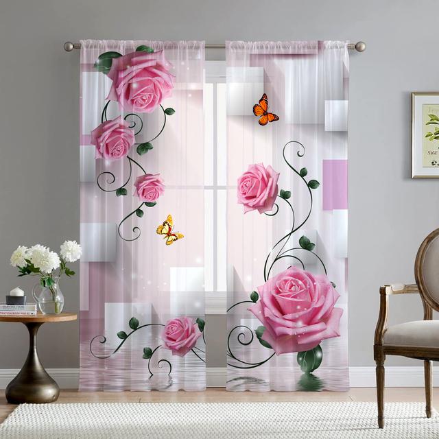 Weißer Stein Lila Rose Floral Sheer Voile Vorhang für Wohnzimmer Schlafzimmer Küche Fenster Dekor Geometrische Blumen Tüll Vorhänge