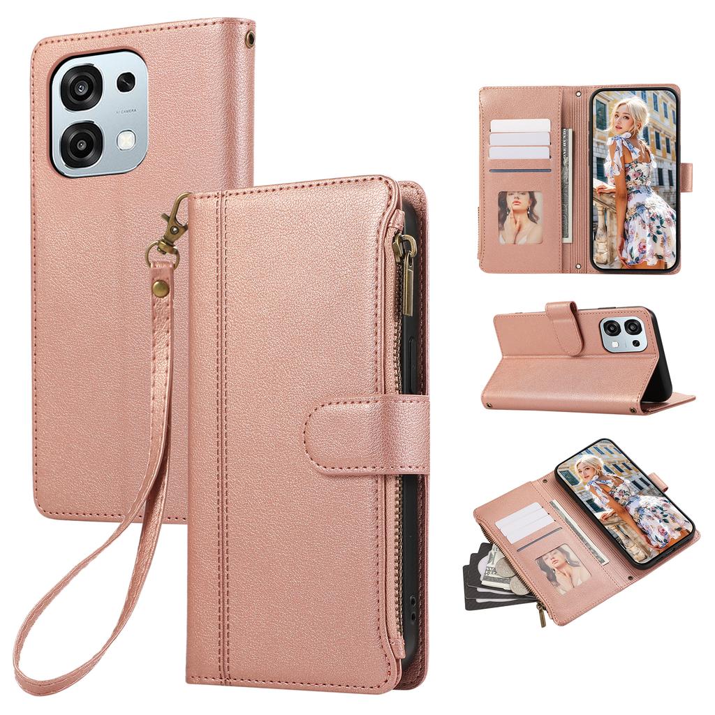 Etui do Oppo A6 Pro 5G z wieloma przegródkami na karty, zapinane na zamek, skórzane etui na telefon z paskiem na nadgarstek