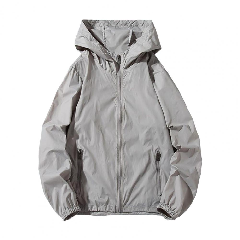 Men Summer Sun Coat Hooded Long Sleeve Zipper Placket Anti UV Jacket with Pockets Solid Color Outdoor Ice Silk Outwea