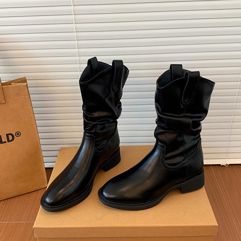 Soft Leather Version~ Soft Leather Thin Pointed Thick Heel Short Boots Women's Autumn and Winter New Stacking Boots Western Cowboy Boots Martin Boots