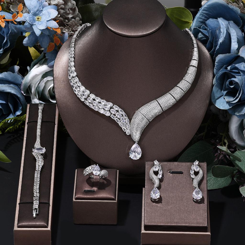 Four-piece Necklace, Earrings, Rings, Bracelets, 3A Zircon Jewelry Set, Bridal Accessories.