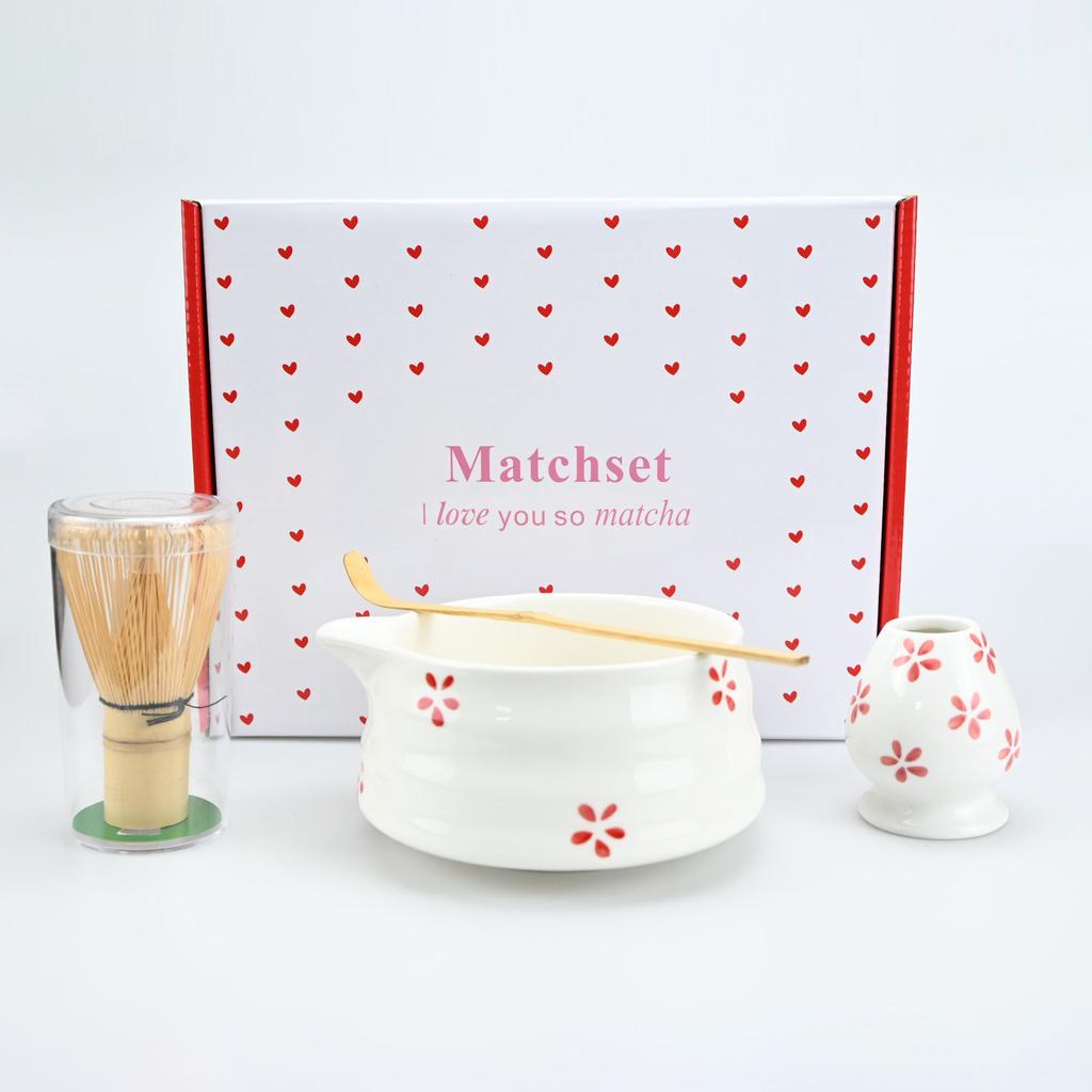 4pcs Matcha Whisk Set, Cute Bow Japanese Tea Set includes Whisk Sets and Matcha Bowl with Spout, Traditional Japanese Matcha