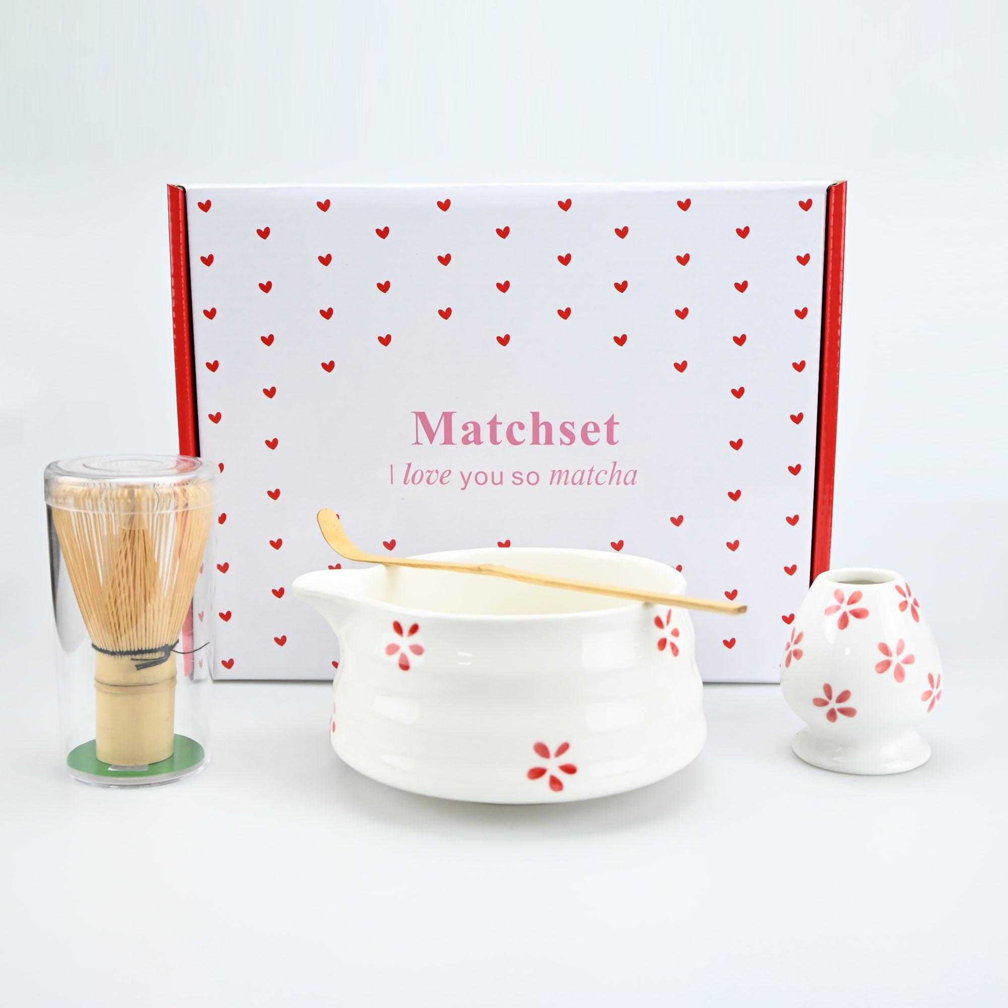 4pcs Matcha Whisk Set, Cute Bow Japanese Tea Set includes Whisk Sets and Matcha Bowl with Spout, Traditional Japanese Matcha