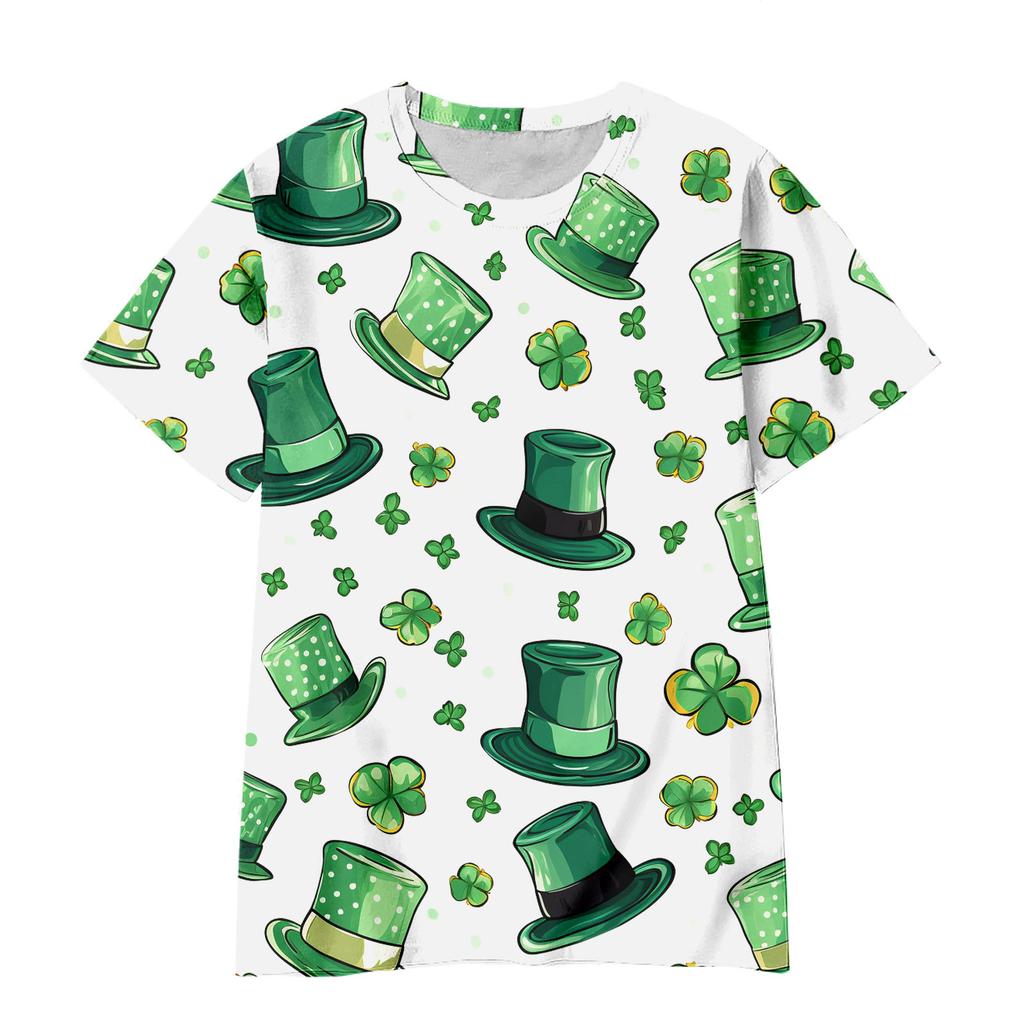 Summer Round Neck 3D Green Magic Hat with Clover Print Top Fashionable Casual Short Sleeved Children's Boy and Girl T-shirts