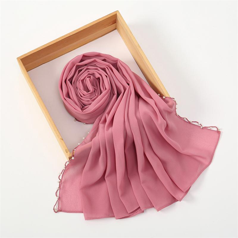 Muslim Chiffon Hijab Scarf Pearl Edge Solid Color Squane Head Wrap For Women Hijabs Scarves Jersey Hijabs Islamic Turban Headban