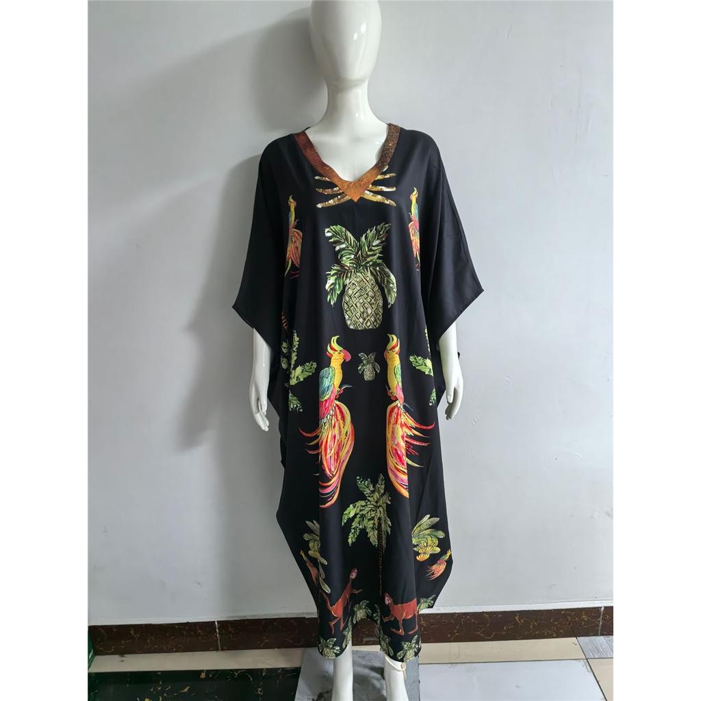 Women's Bat Sleeve V-neck Print Loose Long Classic Retro Dress Clothes Sale