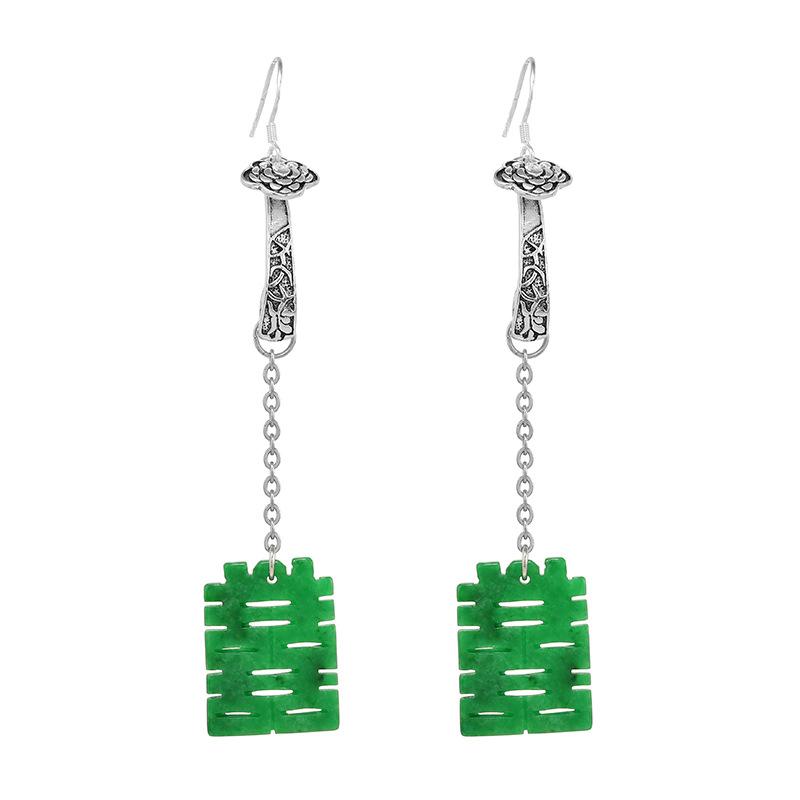 Original design earrings, ancient silver jade dry green double happiness characters, long fringed earrings, retro temperament earrings, women's