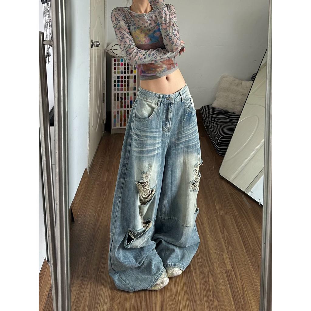 American retro washed ripped machete jeans pants men's and women's summer new loose wide-leg floor pants
