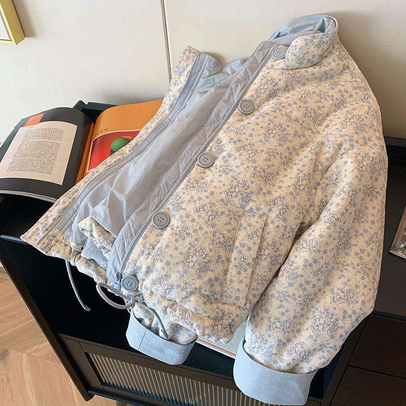 Blue Printed Stand Up Collar Cotton Jacket for Women's Winter Casual Loose Korean Version Sweet Warm Cotton Jacket