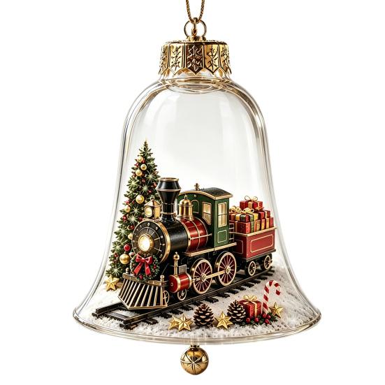 Holiday Home Atmosphere Enhancements 3D Christmas Bell Ornament, Winter Scene Clear Decoration with Santa Immersive Wonderland Ornaments Snowman