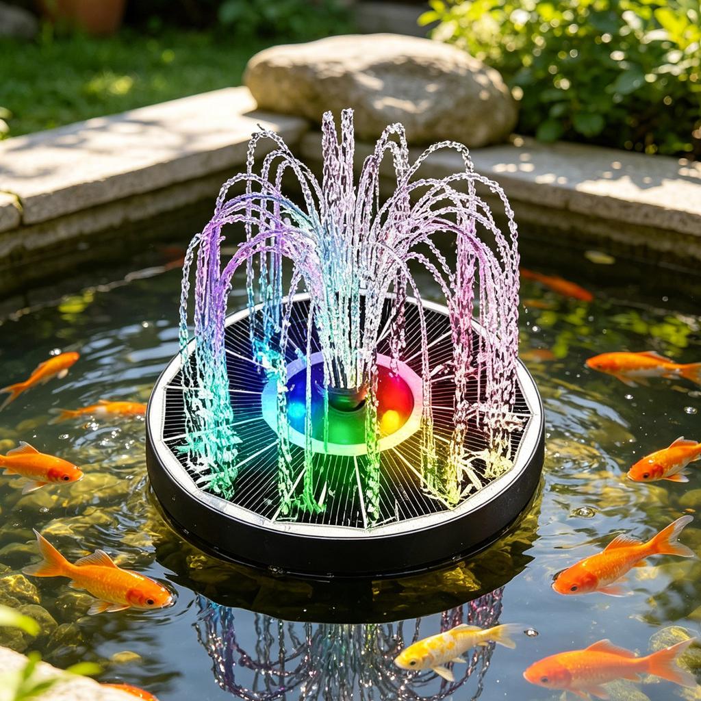 16cm Round Solar Fountain Pump Outdoor Garden Water Pool Decoration with RGB LED Lights and Solar Panel Powered Water Sprayer for Pond