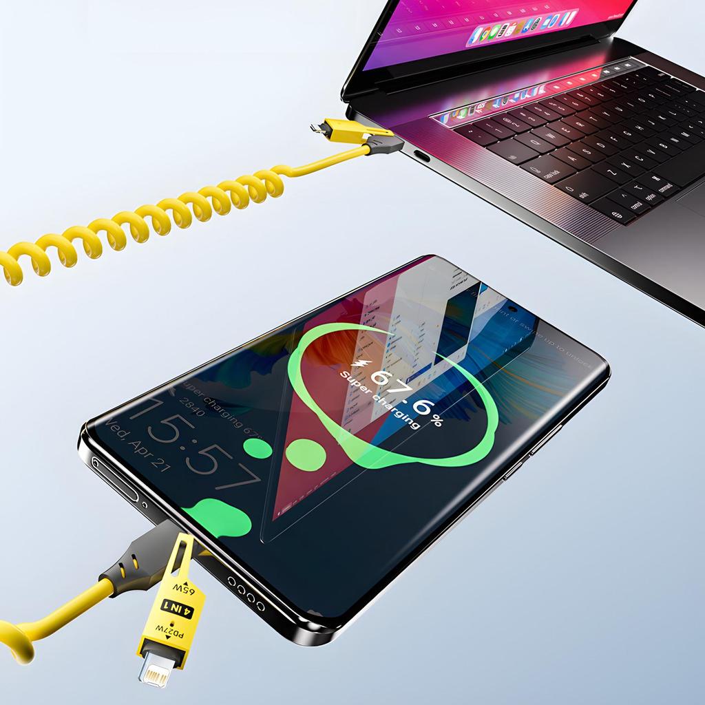 1Pc 65W 4 in 1 Spring Short Data Cable 6A USB Type C Spring Telescopic Quick Charger Wire Spring USB Cable