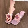 Women's Slippers Flower Decor One-word High-heeled Cool Slippers Women's Casual Fad Peep Toe Thin-heeled Sandals Sandalias Mujer