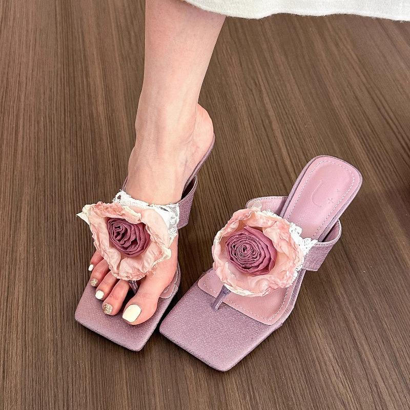 Women's Slippers Flower Decor One-word High-heeled Cool Slippers Women's Casual Fad Peep Toe Thin-heeled Sandals Sandalias Mujer