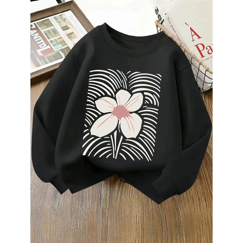 European Sizes Kids' Crewneck Sweatshirt - Floral Pattern with Radiating Lines , Sportswear And Casual Wear, Soft And Comfortable