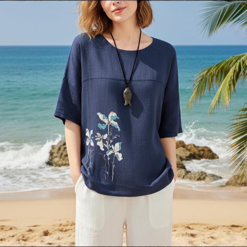 Dam Bomull Linne Blommig Tryck T-shirts Casual Lös Kortärmad Blus Topp