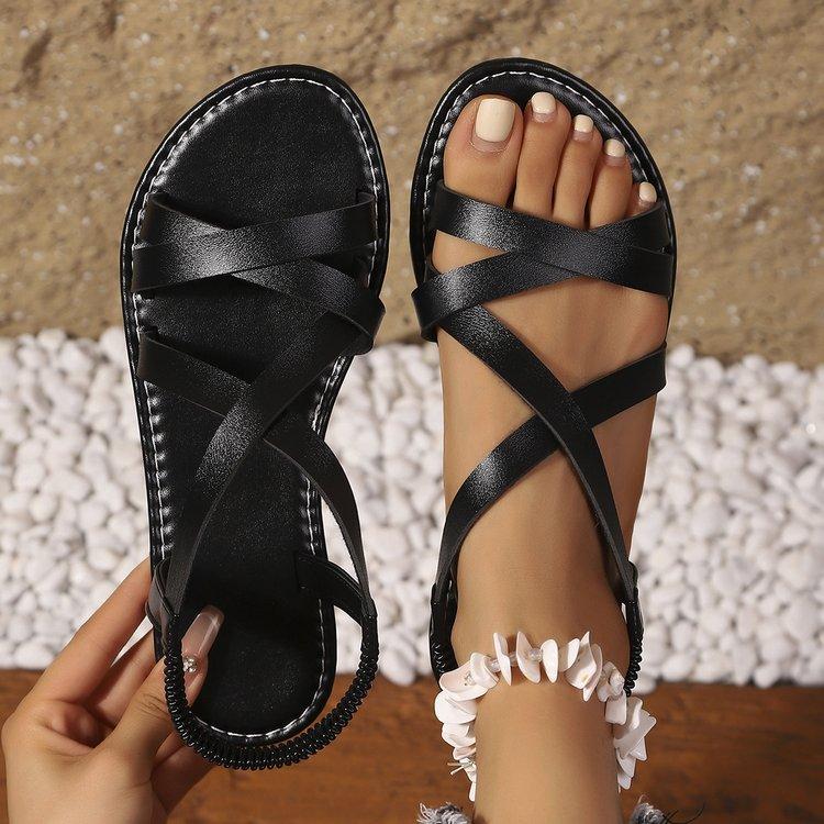 Women's Cross Strap Flat Roman Sandals Open Toe Ankle Wrap Comfortable Walking Shoes for Summer Beach Vacation Casual Daily Wear