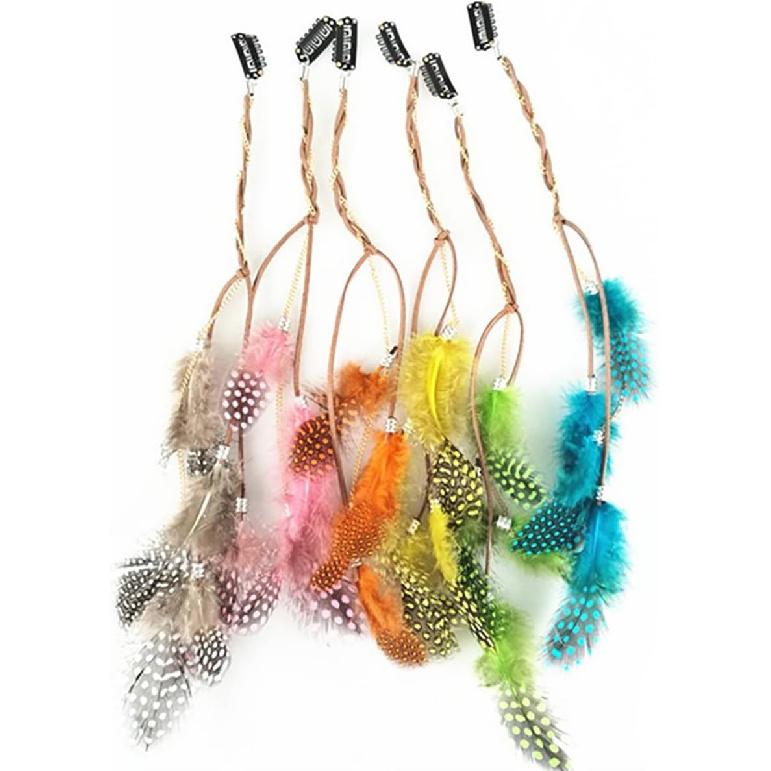 Fodattm 6PCS Lady Women Handmade Colourful Boho Hippie Hair Extensions with Feather Clip Comb Hairpin Headdress Headband DIY Accessories