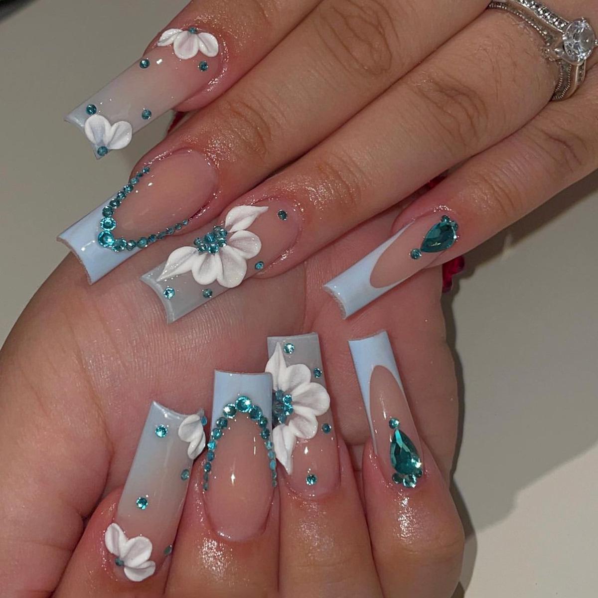 

3D Butterfly Blue French Edge Extra Long Wearable Nail Pieces