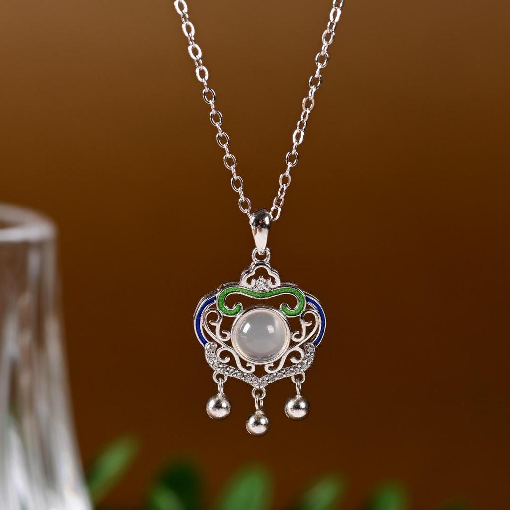 Sterling Silver Chalcedony Necklace with Auspicious Cloud Design