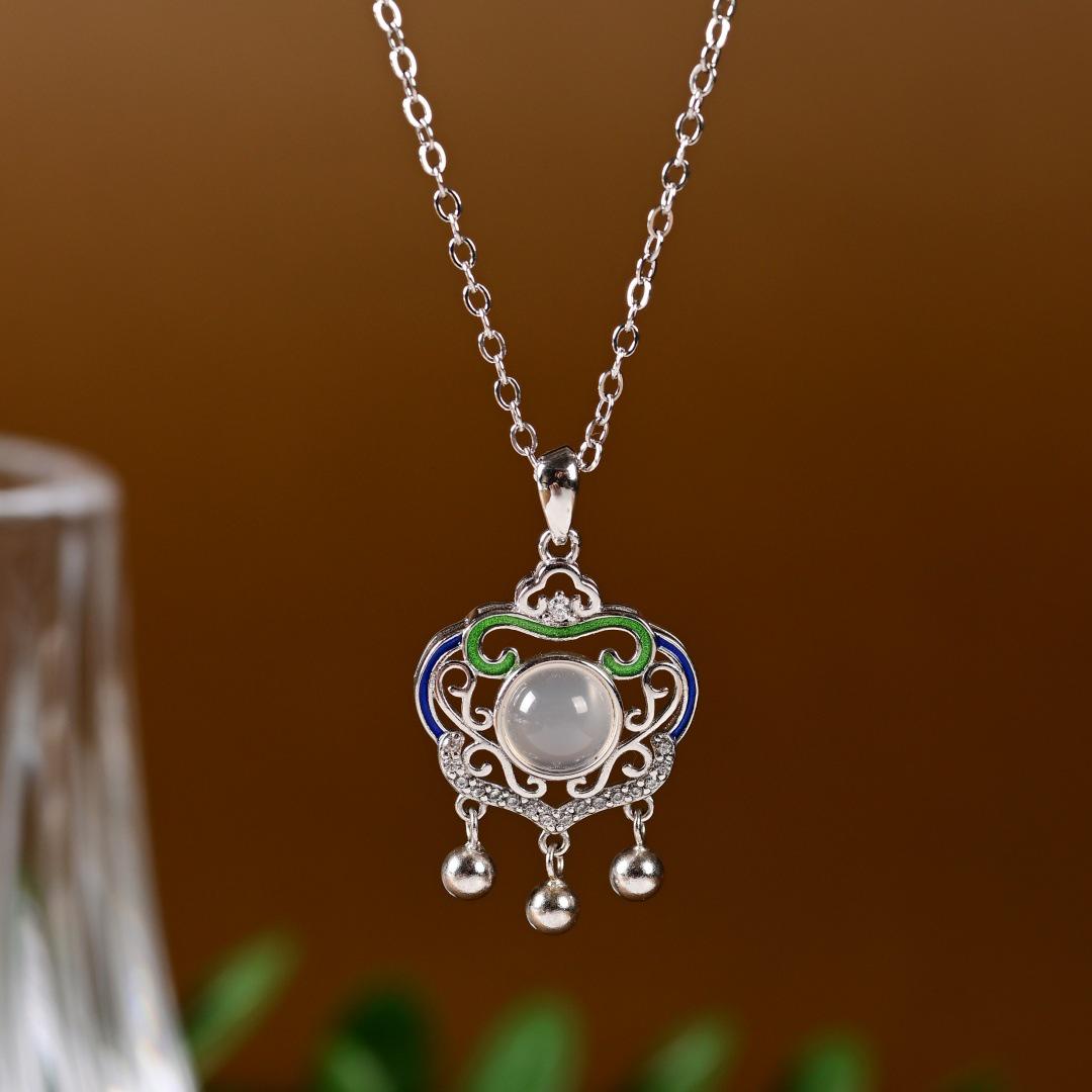 Sterling Silver Chalcedony Necklace with Auspicious Cloud Design