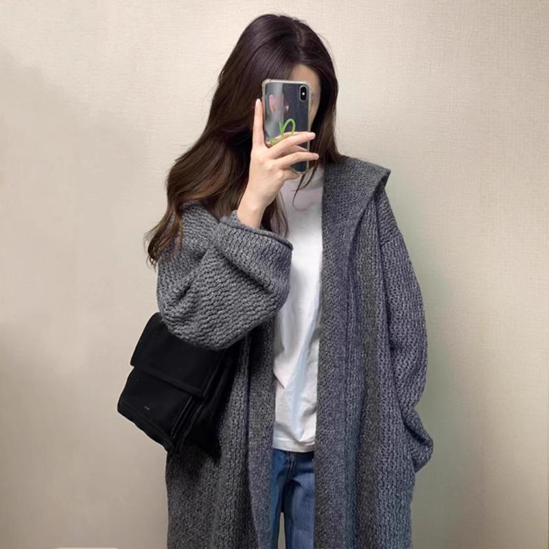 Autumn and winter new gray hooded medium and long knitted cardigan loose lazy style versatile sweater jacket women