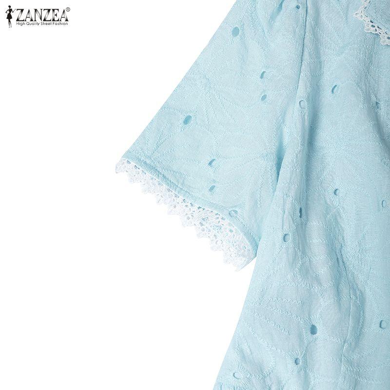 ZANZEA Women Casual Turn Down Collar Summer Patchwork Crochet Short Sleeve Dress