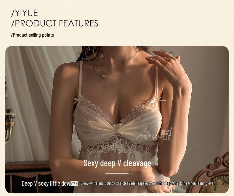 Yi Yue Krajkové noční šaty na ramínka s hlubokým výstřihem do V a síťovinou 8473