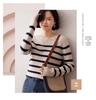 Women's Soft Cashmere One-Shoulder Sweater - Seamless, Loose Fit, Striped Pullover with Rolled Hem.
