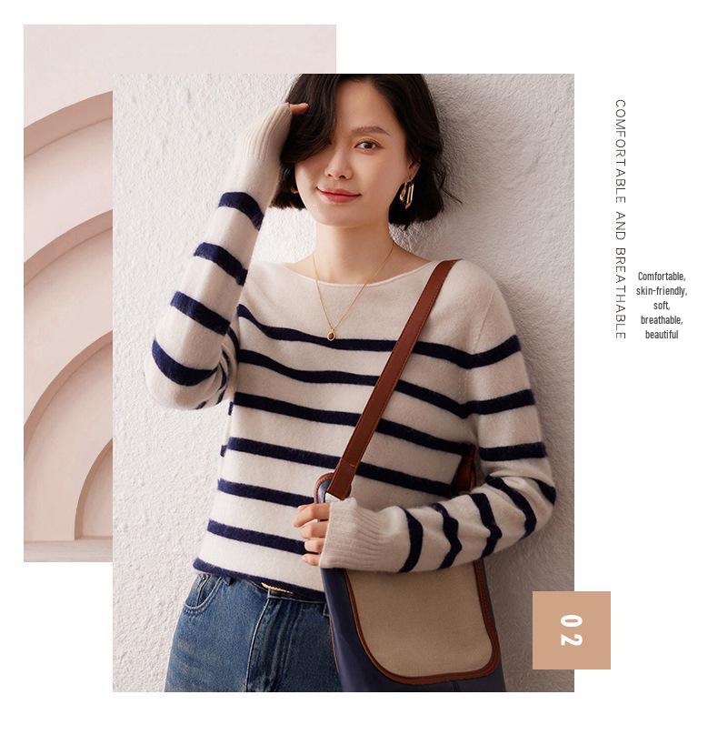 Women's Soft Cashmere One-Shoulder Sweater - Seamless, Loose Fit, Striped Pullover with Rolled Hem.