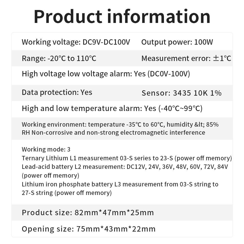 Lead-acid Lithium LiFe PO4 Voltage Tester Battery Meter DC10-100V Battery Capacity Indicator with Temperature Control Sensor
