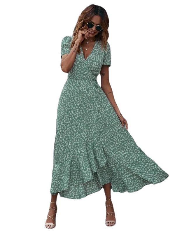 Summer Woman's Dress Small Floral V-neck Cardigan Straps Short Sleeve Bohemian Big Swing Vacation Dress