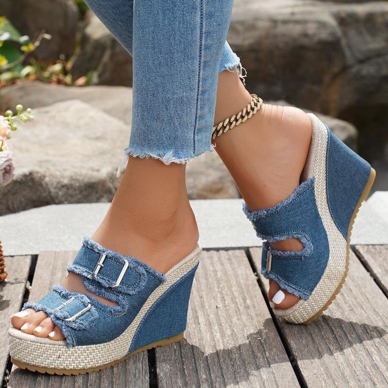 Lame Belt Buckle Heel One Pedal Large Size New Denim Cool Slippers Women Summer Wear Thick-soled Slippers