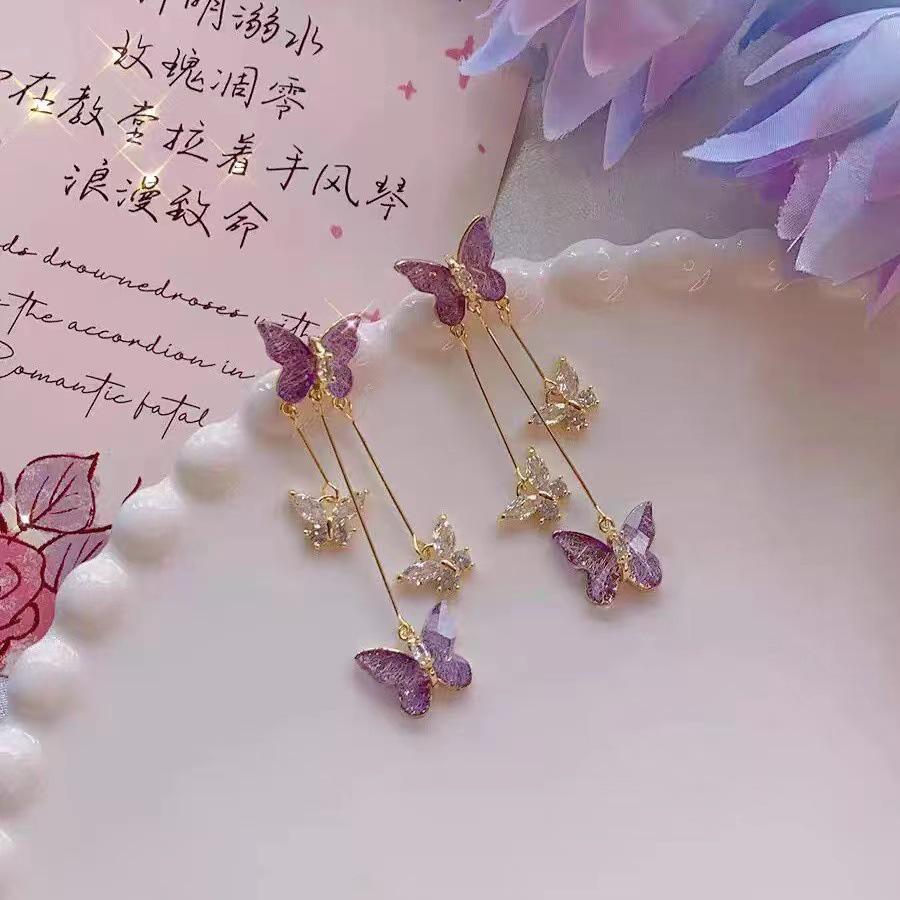 Purple Crystal Butterfly Earrings with S925 Silver Needle - Elegant Long Tassel Design