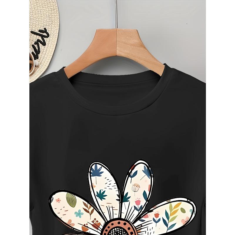 European Size Floral Print Elegant Women's Heavyweight Short Sleeve T-Shirt - Holiday & Graduation Outfit, Autumn/Winter New Arrival