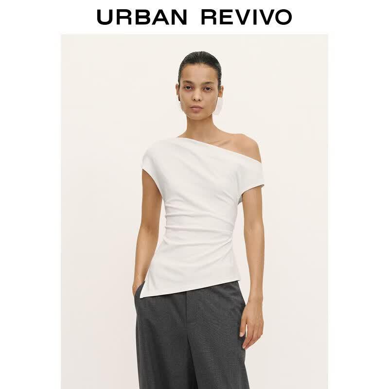 UR 2026 Autumn New Women s Irregular Pleated One-Shoulder T-Shirt XL