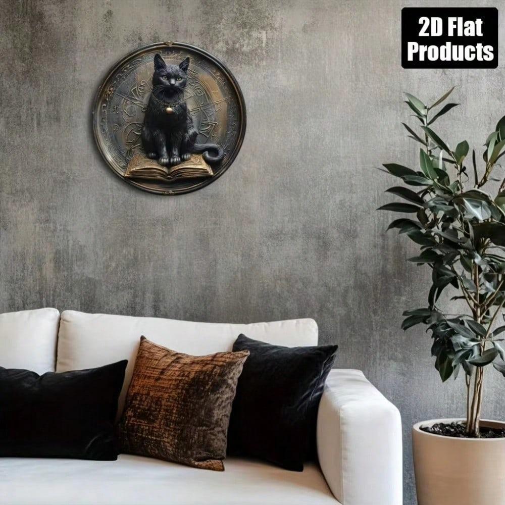 Vintage Black Cat and Book Round Metal Wall Art Zodiac Sign Home Bar Decor