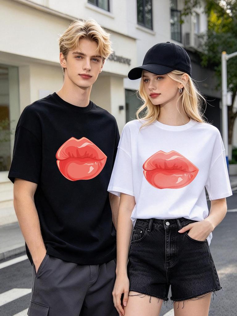 Unisex T-shirt Casual Lips Print Streetwear Soft Daily Top