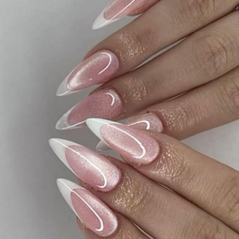 24pcs Glossy Red Cat's Eye Press On Nails Full Cover Nude Wearable Almond False Nails Charms Detachable Fake Nail For Girl