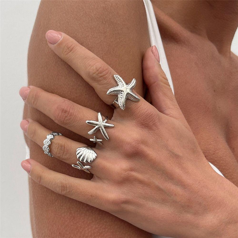 Gold Adjustable Open Rings Starfish Scallop Beach Jewelry Accessories Rings for Women  for Women