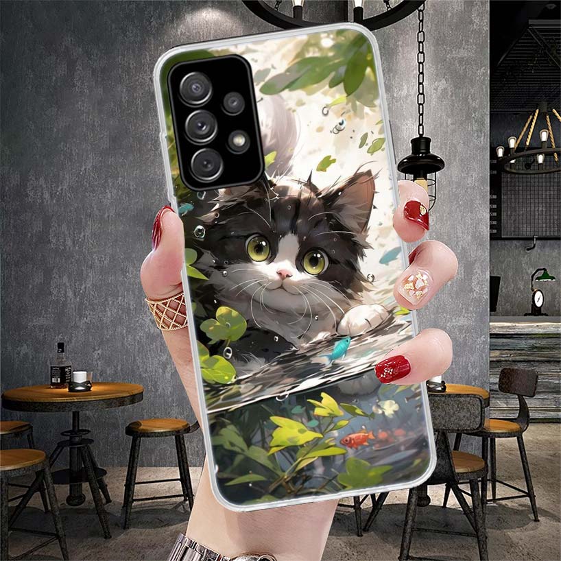Cartoon Cute Cat Fish Aesthetic Soft Phone Case For Samsung Galaxy A12 A22 A32 A52 A72 A02S A51 A50S A71 A70 A31 A20S Note 20 Ul