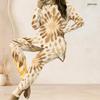 Women Plus Size Printed Two Piece Set Round Neck Long Sleeve Longline Top And Fitted Pants