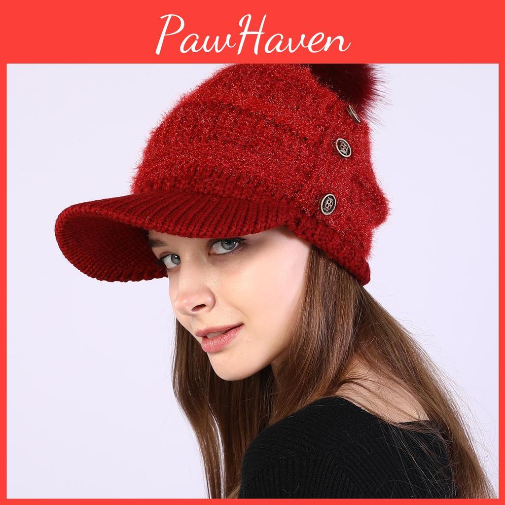 Plush Button Women Autumn Winter Thickened Warm Duck Tongue Big Ball Knitted Hat