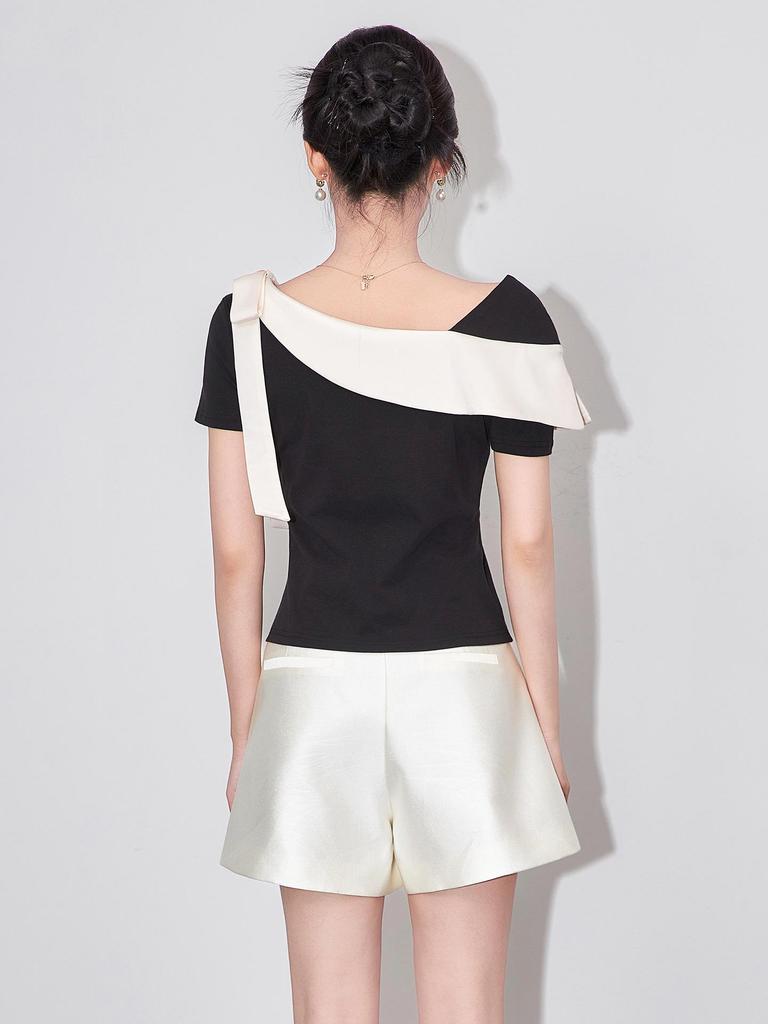 Color Block Stitching Irregular T-shirt - Women's Summer Slim Fit Short Sleeve Top In Gentle Temperament Style