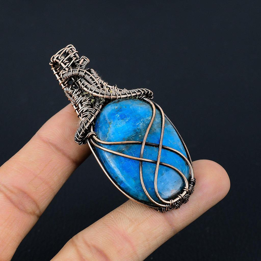 Neon Blue Apatite Gemstone Pendant 999 Copper Wire Wrapped Jewelry, Handmade Antique Pendant Jewelry, Gift For Mother