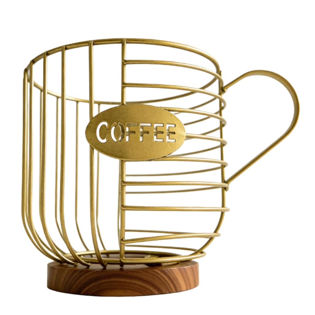 Metal Coffee Pod Wire Basket with Wooden Base Large Capacity Coffee Pod Holder for Kitchen Countertops Coffee