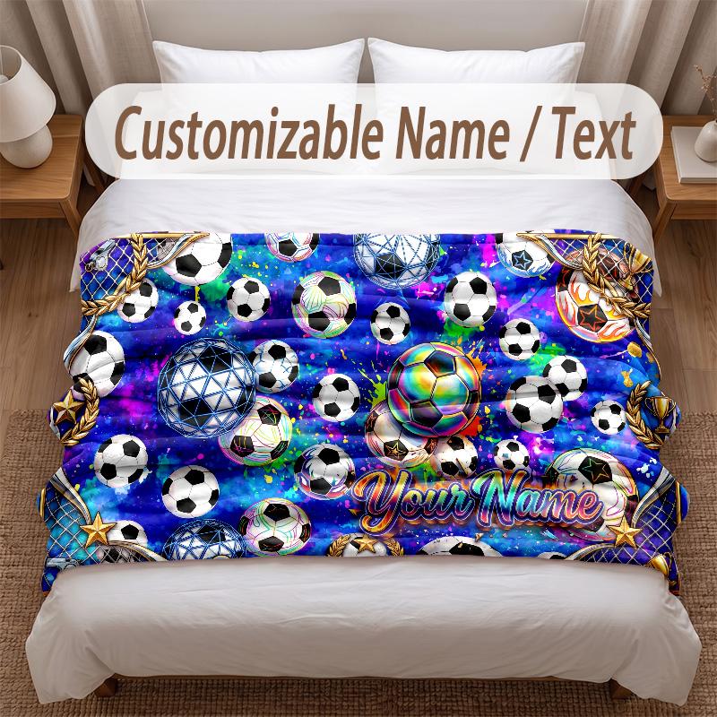 Soccer Theme Soft Blanket Personalized Custom Name Text Print Warm Blanket Home Sofa Bedroom Decor